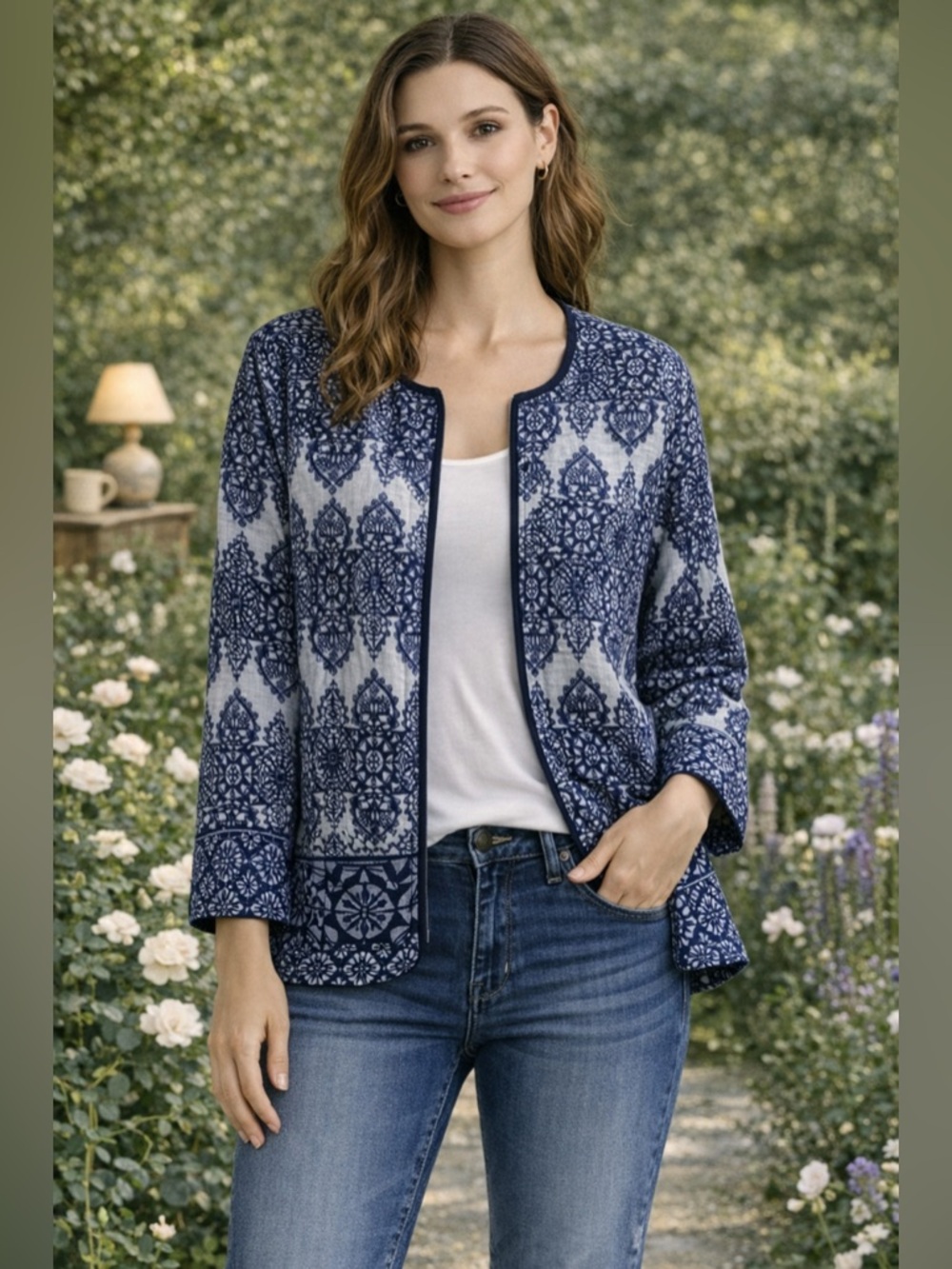 Coldwater Creek Linen Blend Blue Embroidered Zip Jacket Size 14 Coastal Grandma